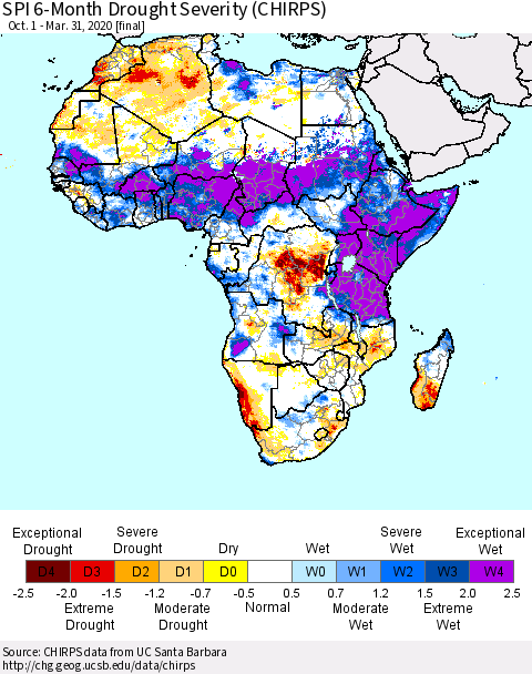 Africa SPI 6-Month Drought Severity (CHIRPS) Thematic Map For 10/1/2019 - 3/31/2020