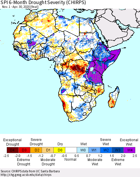 Africa SPI 6-Month Drought Severity (CHIRPS) Thematic Map For 11/1/2019 - 4/30/2020