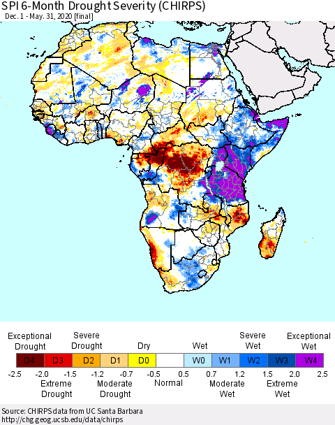 Africa SPI 6-Month Drought Severity (CHIRPS) Thematic Map For 12/1/2019 - 5/31/2020