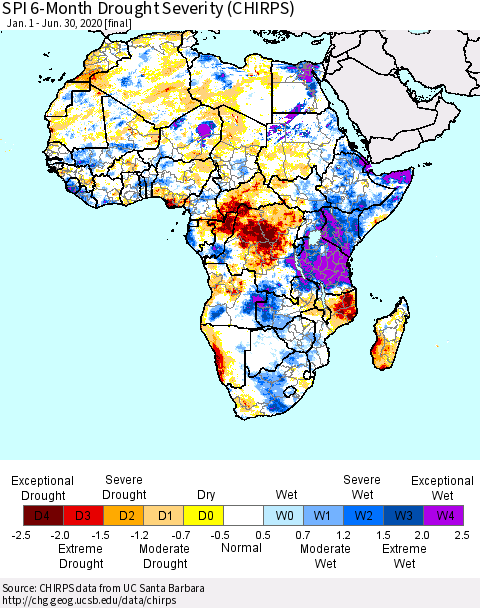 Africa SPI 6-Month Drought Severity (CHIRPS) Thematic Map For 1/1/2020 - 6/30/2020