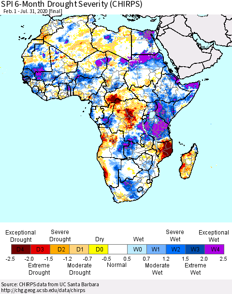 Africa SPI 6-Month Drought Severity (CHIRPS) Thematic Map For 2/1/2020 - 7/31/2020