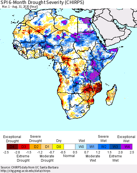 Africa SPI 6-Month Drought Severity (CHIRPS) Thematic Map For 3/1/2020 - 8/31/2020