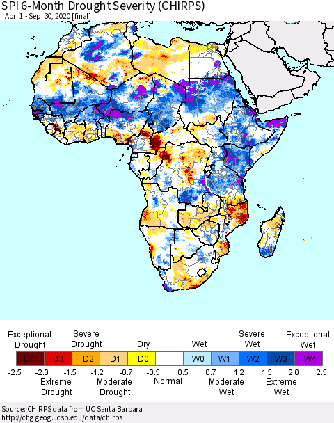 Africa SPI 6-Month Drought Severity (CHIRPS) Thematic Map For 4/1/2020 - 9/30/2020