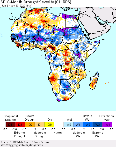 Africa SPI 6-Month Drought Severity (CHIRPS) Thematic Map For 6/1/2020 - 11/30/2020