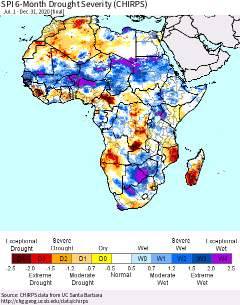Africa SPI 6-Month Drought Severity (CHIRPS) Thematic Map For 7/1/2020 - 12/31/2020