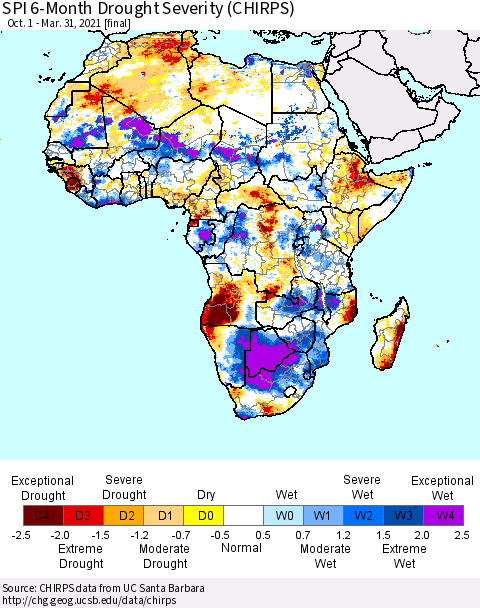 Africa SPI 6-Month Drought Severity (CHIRPS) Thematic Map For 10/1/2020 - 3/31/2021