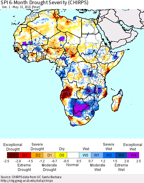 Africa SPI 6-Month Drought Severity (CHIRPS) Thematic Map For 12/1/2020 - 5/31/2021