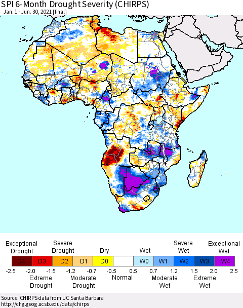 Africa SPI 6-Month Drought Severity (CHIRPS) Thematic Map For 1/1/2021 - 6/30/2021