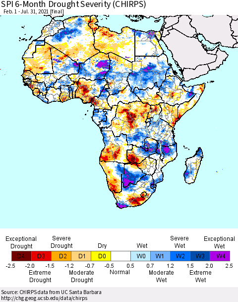 Africa SPI 6-Month Drought Severity (CHIRPS) Thematic Map For 2/1/2021 - 7/31/2021