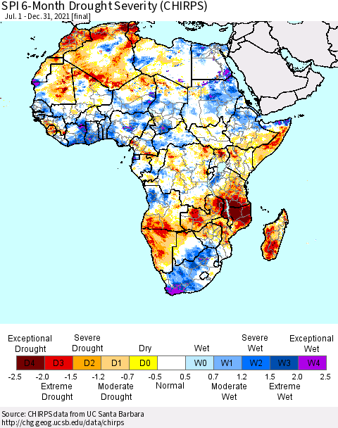 Africa SPI 6-Month Drought Severity (CHIRPS) Thematic Map For 7/1/2021 - 12/31/2021