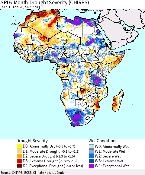 Africa SPI 6-Month Drought Severity (CHIRPS) Thematic Map For 9/1/2021 - 2/28/2022