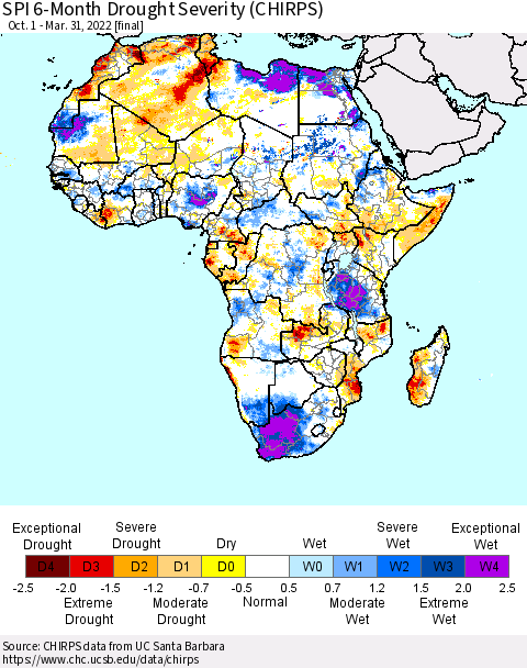 Africa SPI 6-Month Drought Severity (CHIRPS) Thematic Map For 10/1/2021 - 3/31/2022