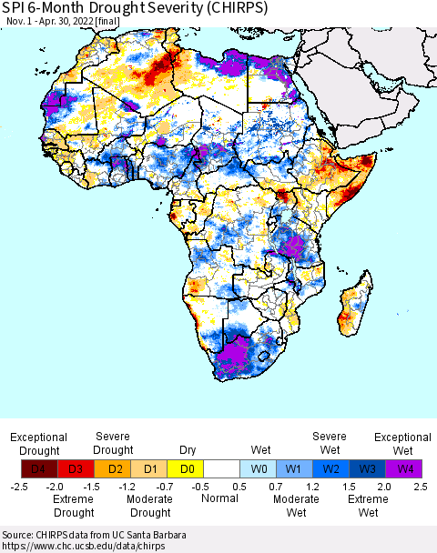 Africa SPI 6-Month Drought Severity (CHIRPS) Thematic Map For 11/1/2021 - 4/30/2022