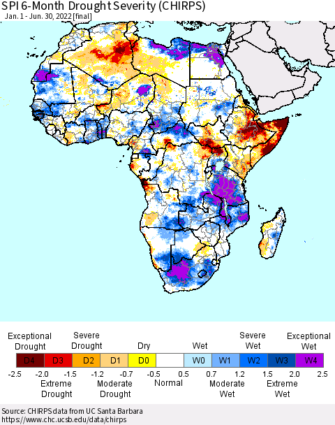 Africa SPI 6-Month Drought Severity (CHIRPS) Thematic Map For 1/1/2022 - 6/30/2022