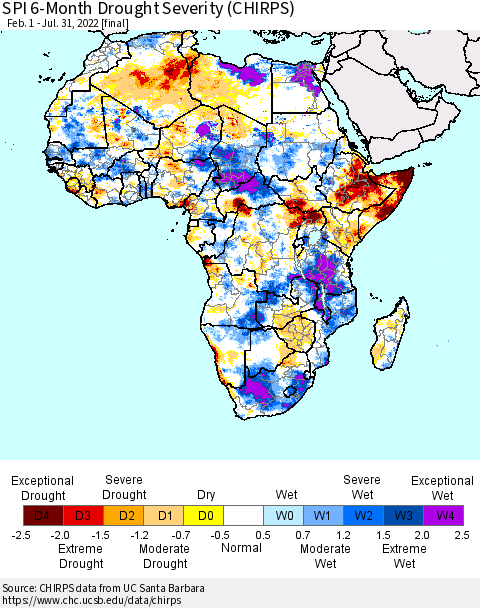 Africa SPI 6-Month Drought Severity (CHIRPS) Thematic Map For 2/1/2022 - 7/31/2022