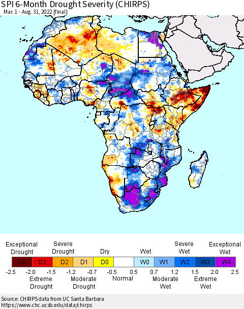 Africa SPI 6-Month Drought Severity (CHIRPS) Thematic Map For 3/1/2022 - 8/31/2022