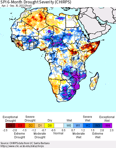 Africa SPI 6-Month Drought Severity (CHIRPS) Thematic Map For 4/1/2022 - 9/30/2022