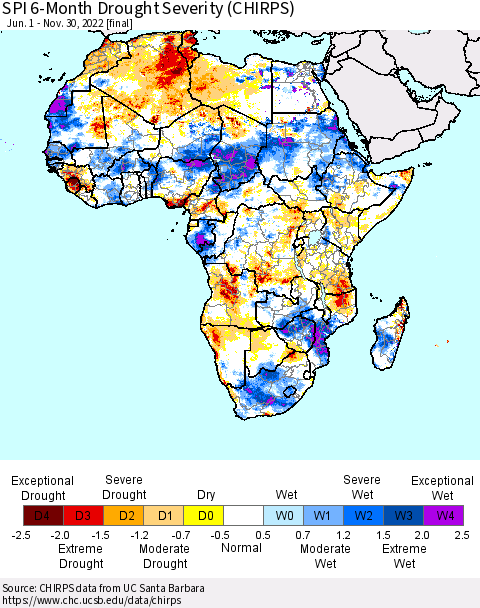 Africa SPI 6-Month Drought Severity (CHIRPS) Thematic Map For 6/1/2022 - 11/30/2022