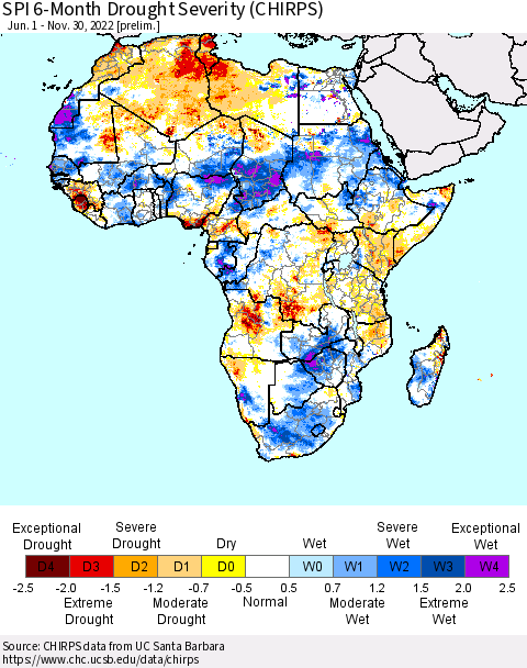 Africa SPI 6-Month Drought Severity (CHIRPS) Thematic Map For 6/1/2022 - 11/30/2022