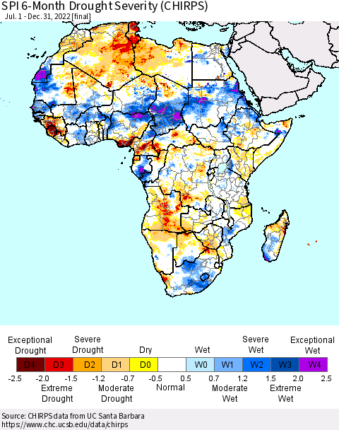 Africa SPI 6-Month Drought Severity (CHIRPS) Thematic Map For 7/1/2022 - 12/31/2022