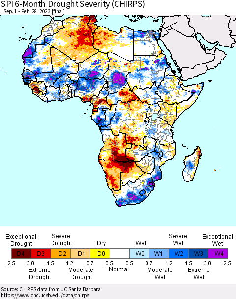 Africa SPI 6-Month Drought Severity (CHIRPS) Thematic Map For 9/1/2022 - 2/28/2023