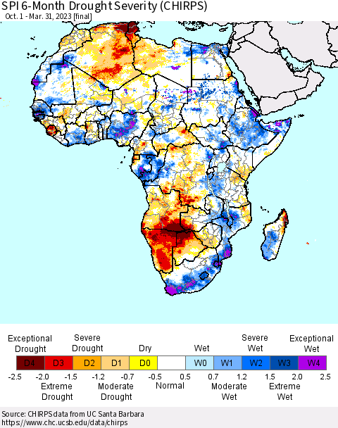 Africa SPI 6-Month Drought Severity (CHIRPS) Thematic Map For 10/1/2022 - 3/31/2023