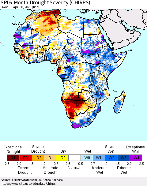 Africa SPI 6-Month Drought Severity (CHIRPS) Thematic Map For 11/1/2022 - 4/30/2023