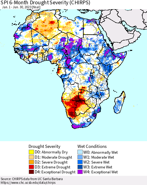 Africa SPI 6-Month Drought Severity (CHIRPS) Thematic Map For 1/1/2023 - 6/30/2023