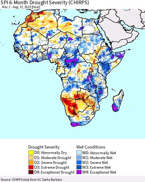 Africa SPI 6-Month Drought Severity (CHIRPS) Thematic Map For 3/1/2023 - 8/31/2023