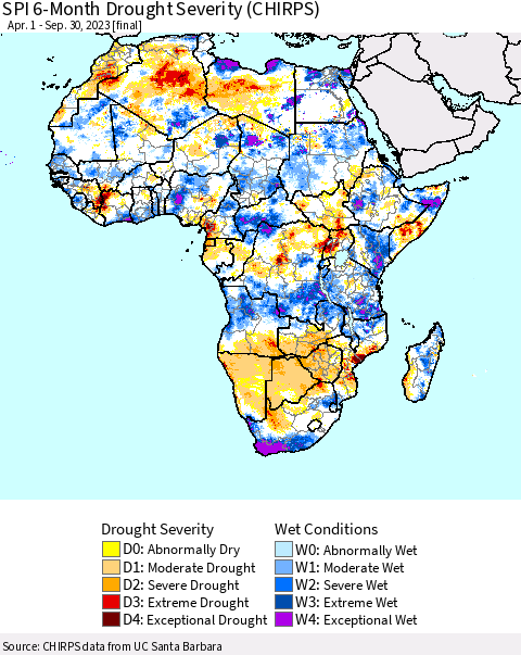 Africa SPI 6-Month Drought Severity (CHIRPS) Thematic Map For 4/1/2023 - 9/30/2023