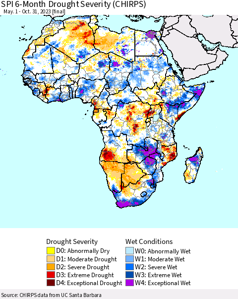 Africa SPI 6-Month Drought Severity (CHIRPS) Thematic Map For 5/1/2023 - 10/31/2023