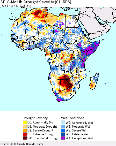 Africa SPI 6-Month Drought Severity (CHIRPS) Thematic Map For 6/1/2023 - 11/30/2023
