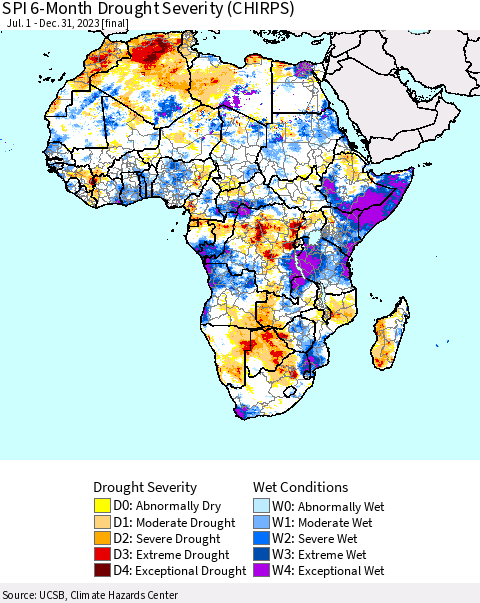 Africa SPI 6-Month Drought Severity (CHIRPS) Thematic Map For 7/1/2023 - 12/31/2023