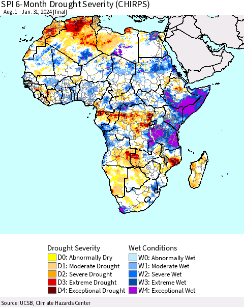 Africa SPI 6-Month Drought Severity (CHIRPS) Thematic Map For 8/1/2023 - 1/31/2024