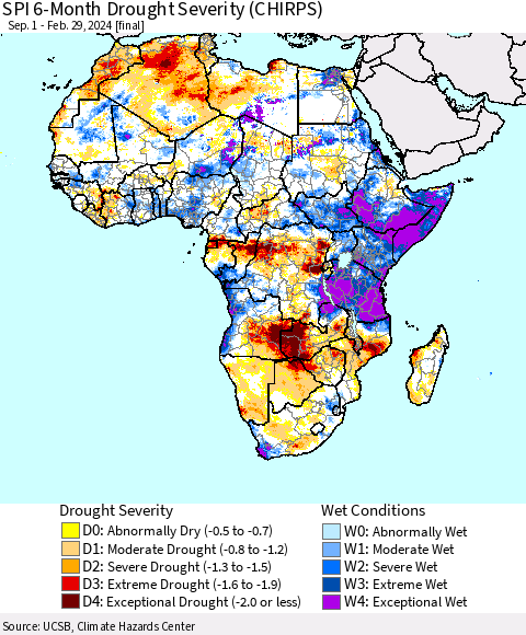 Africa SPI 6-Month Drought Severity (CHIRPS) Thematic Map For 9/1/2023 - 2/29/2024
