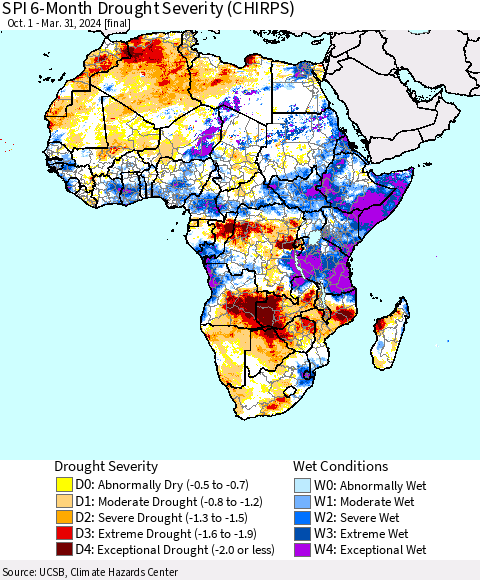 Africa SPI 6-Month Drought Severity (CHIRPS) Thematic Map For 10/1/2023 - 3/31/2024