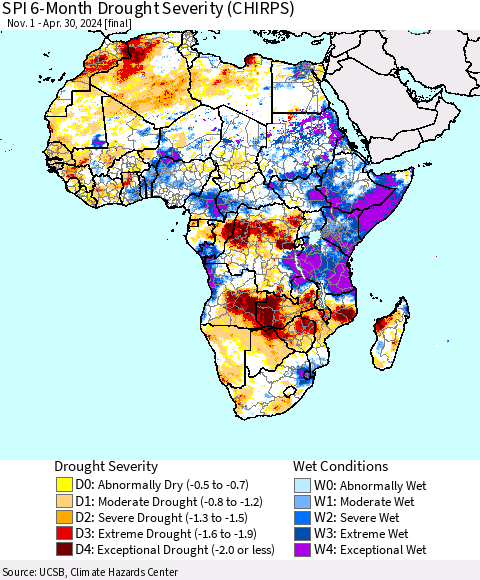 Africa SPI 6-Month Drought Severity (CHIRPS) Thematic Map For 11/1/2023 - 4/30/2024