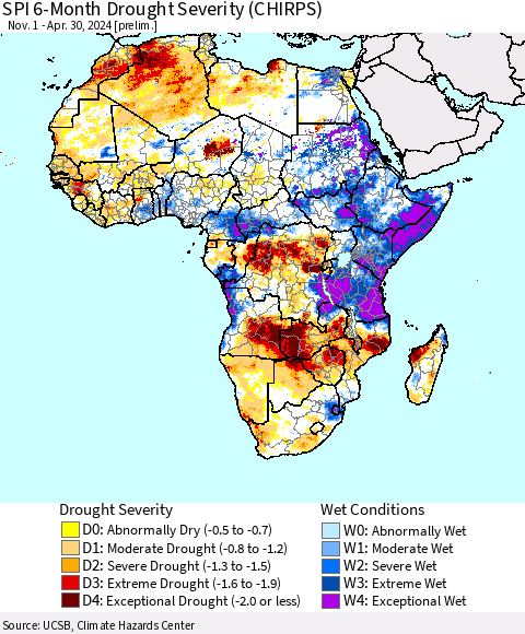 Africa SPI 6-Month Drought Severity (CHIRPS) Thematic Map For 11/1/2023 - 4/30/2024
