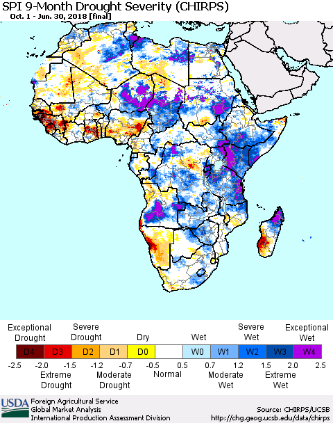 Africa SPI 9-Month Drought Severity (CHIRPS) Thematic Map For 10/1/2017 - 6/30/2018