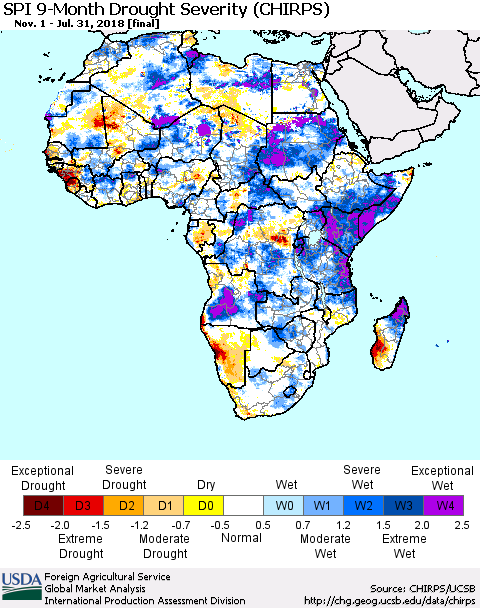 Africa SPI 9-Month Drought Severity (CHIRPS) Thematic Map For 11/1/2017 - 7/31/2018