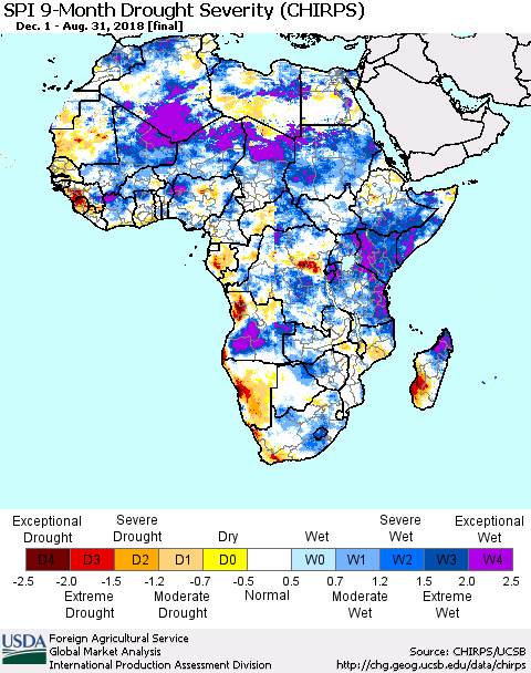 Africa SPI 9-Month Drought Severity (CHIRPS) Thematic Map For 12/1/2017 - 8/31/2018