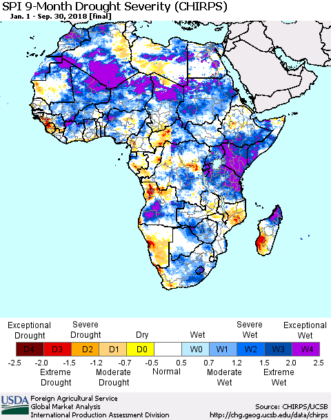 Africa SPI 9-Month Drought Severity (CHIRPS) Thematic Map For 1/1/2018 - 9/30/2018