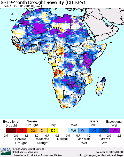 Africa SPI 9-Month Drought Severity (CHIRPS) Thematic Map For 2/1/2018 - 10/31/2018