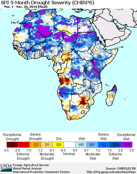 Africa SPI 9-Month Drought Severity (CHIRPS) Thematic Map For 3/1/2018 - 11/30/2018