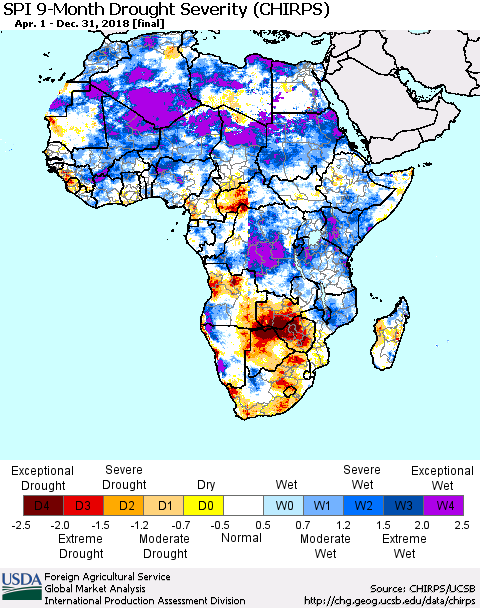 Africa SPI 9-Month Drought Severity (CHIRPS) Thematic Map For 4/1/2018 - 12/31/2018