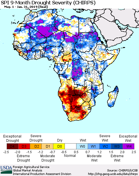 Africa SPI 9-Month Drought Severity (CHIRPS) Thematic Map For 5/1/2018 - 1/31/2019