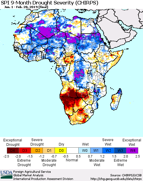 Africa SPI 9-Month Drought Severity (CHIRPS) Thematic Map For 6/1/2018 - 2/28/2019