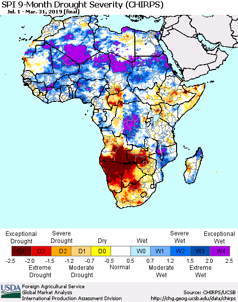 Africa SPI 9-Month Drought Severity (CHIRPS) Thematic Map For 7/1/2018 - 3/31/2019