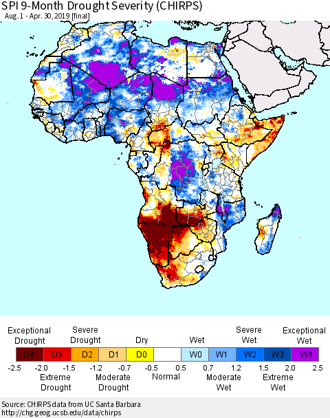 Africa SPI 9-Month Drought Severity (CHIRPS) Thematic Map For 8/1/2018 - 4/30/2019