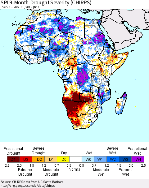 Africa SPI 9-Month Drought Severity (CHIRPS) Thematic Map For 9/1/2018 - 5/31/2019